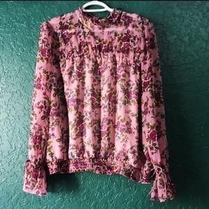 Express Floral Work Pink Ruffle Sleeve Blouse